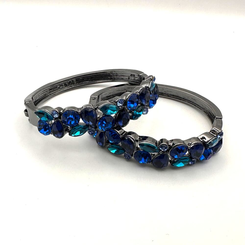 MONET Gunmetal Grey Blue Hinge Bangle Bracelet Set of 2 Crystal Costume Jewelry